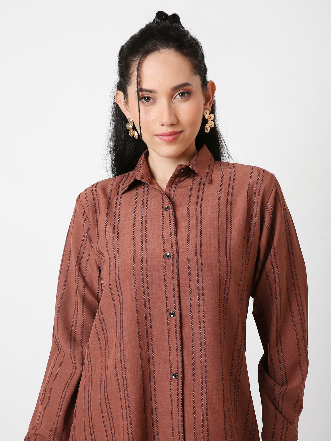 RUST STRIPED SHIRT DRESS