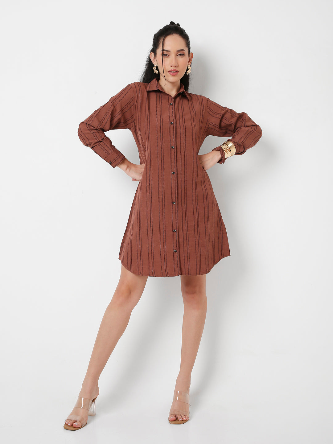 RUST STRIPED SHIRT DRESS