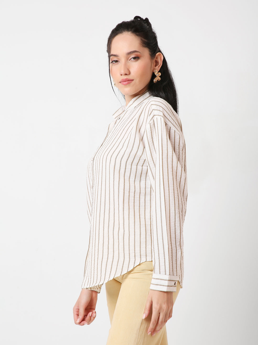 KHAKI MANDARIN COLLAR STRIPE SHIRT