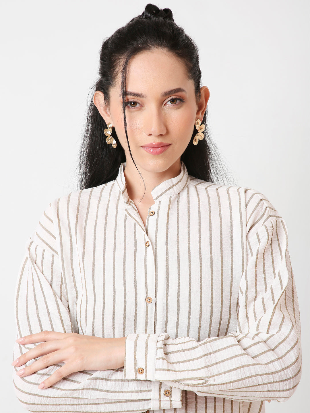 KHAKI MANDARIN COLLAR STRIPE SHIRT