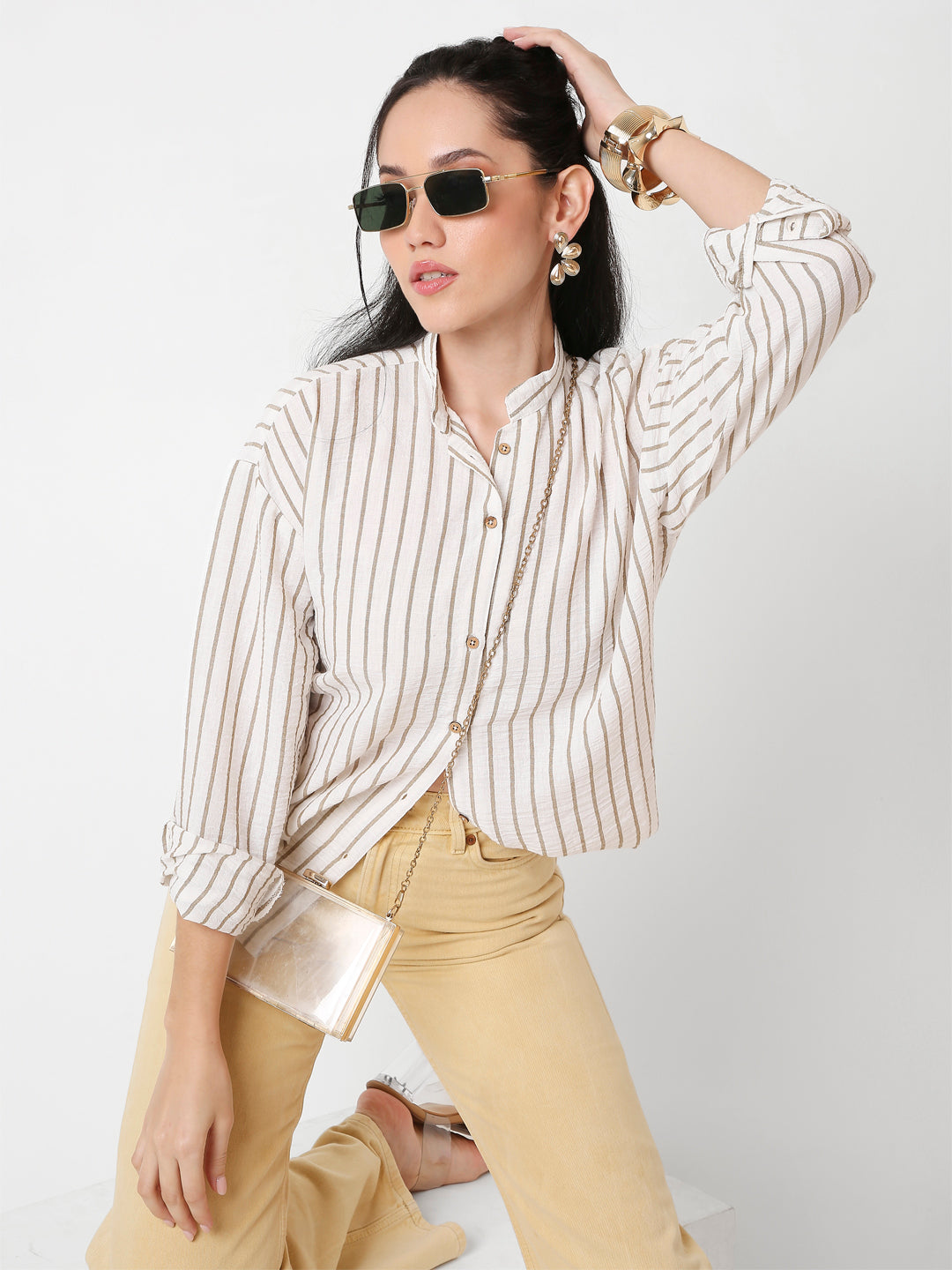 KHAKI MANDARIN COLLAR STRIPE SHIRT