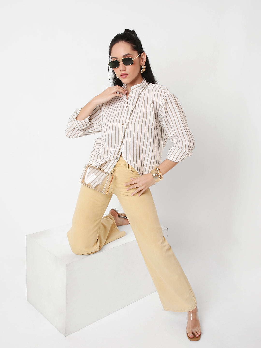 CLASSIC MANDARIN COLLAR STRIPE LINEN BLEND SHIRT