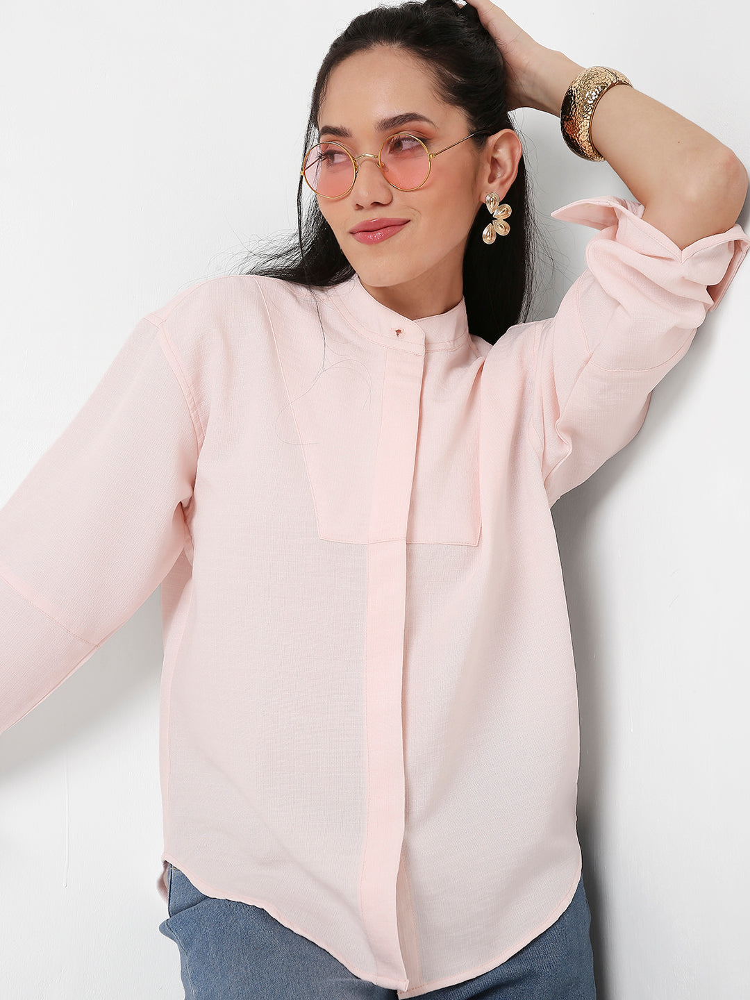 PINK MANDARIN COLLAR SHIRT