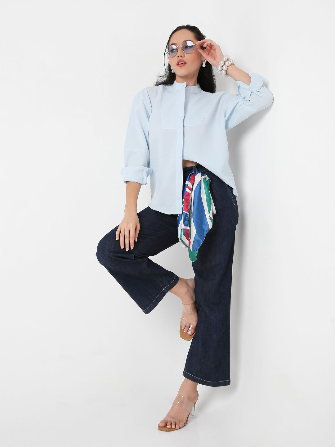 BLUE MANDARIN COLLAR SHIRT