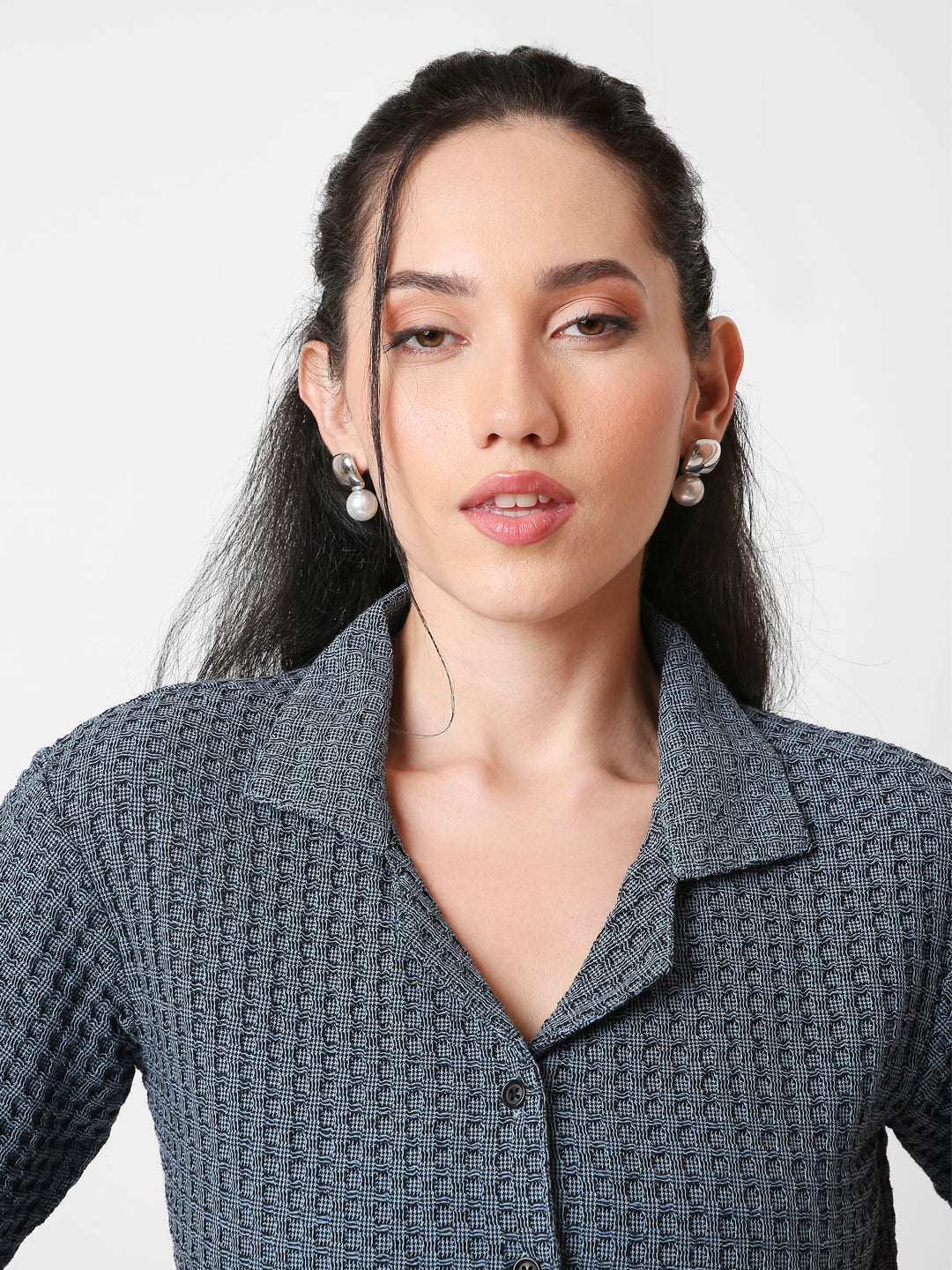 BLUE TEXTURED CROPPED SHIRT