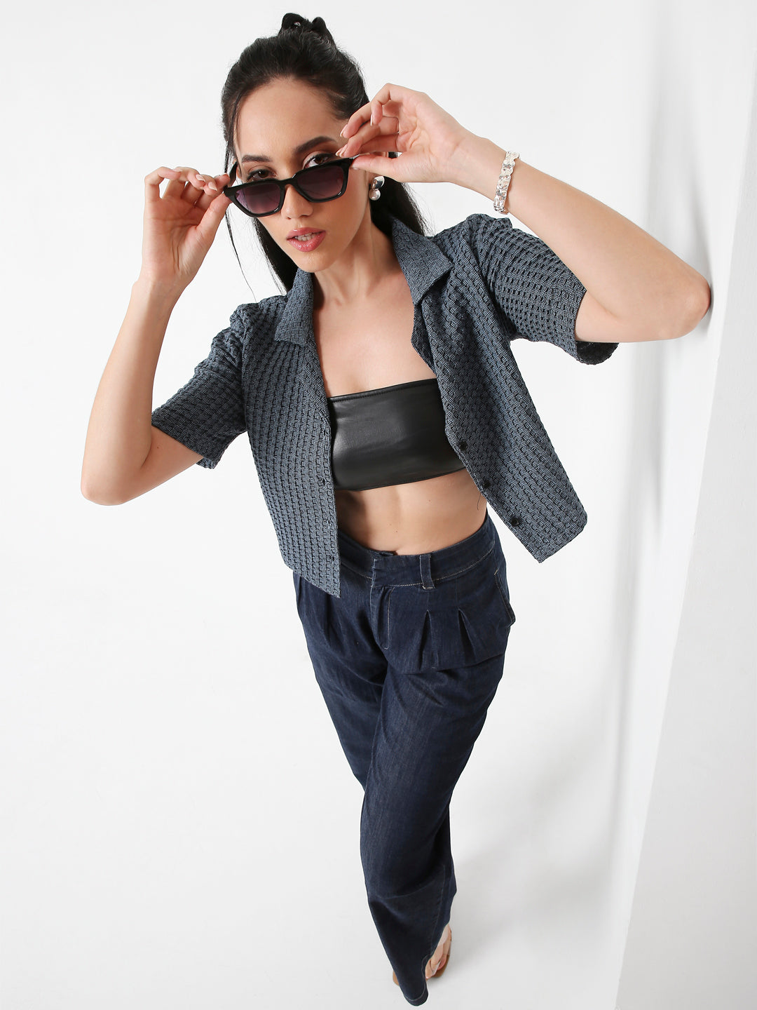 BLUE TEXTURED CROPPED SHIRT