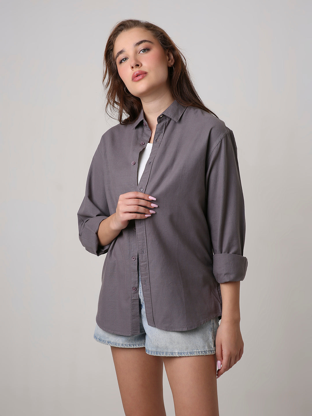 Grey Solid Oversized Casual Shirt