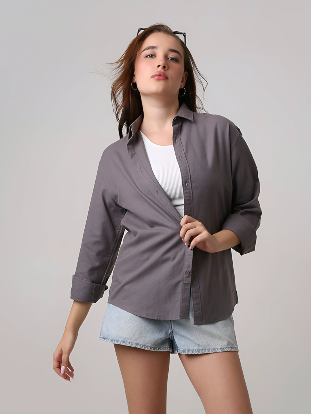Grey Solid Oversized Casual Shirt