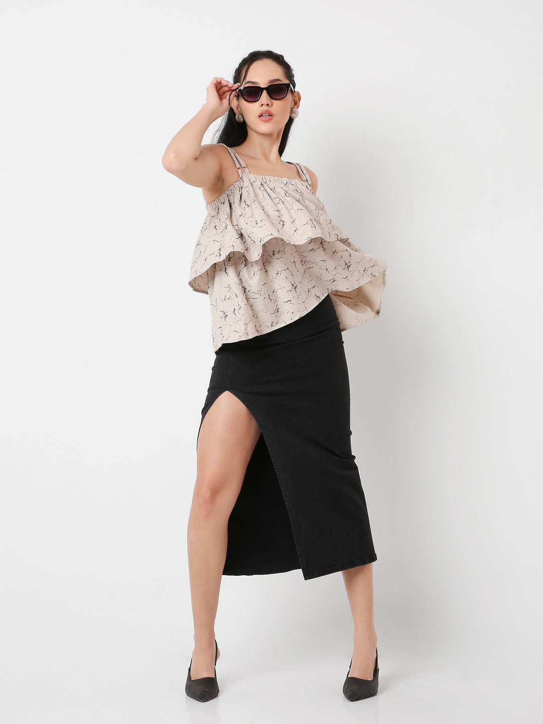 PRINTED DOUBLE STRAP LAYERED TOP