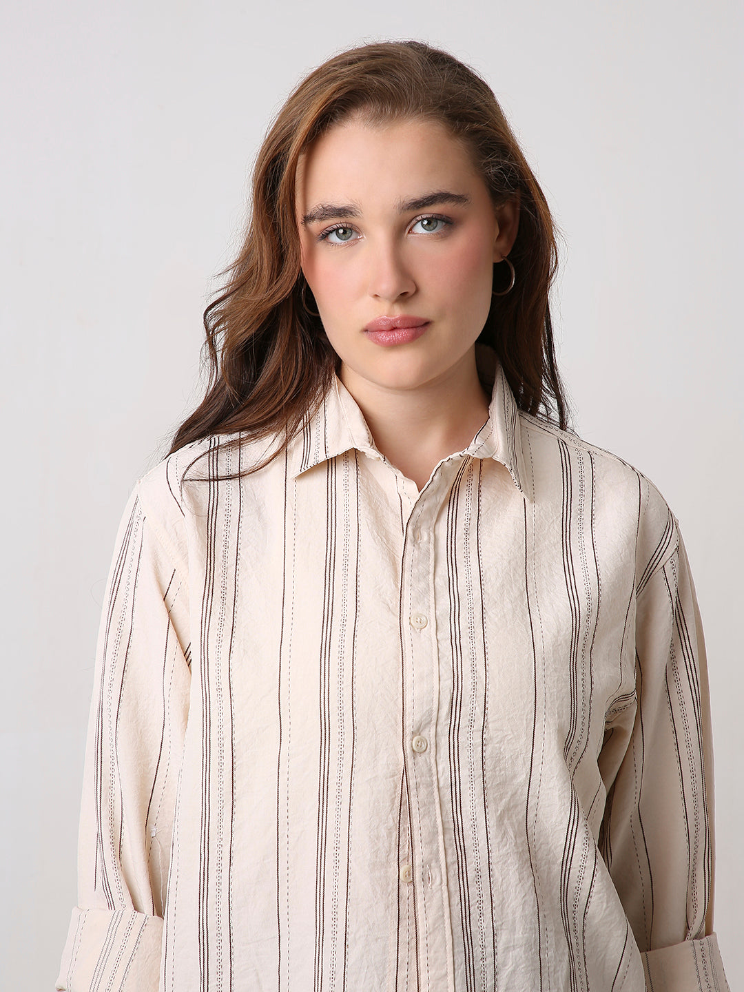 Cream Textured Stripe Oversized Shirt