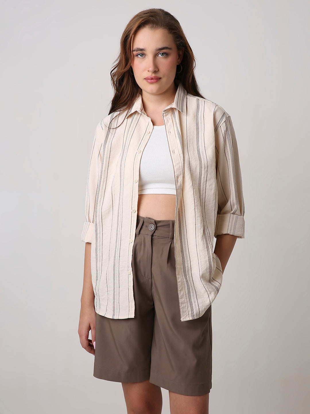 Cream Textured Stripe Oversized Shirt