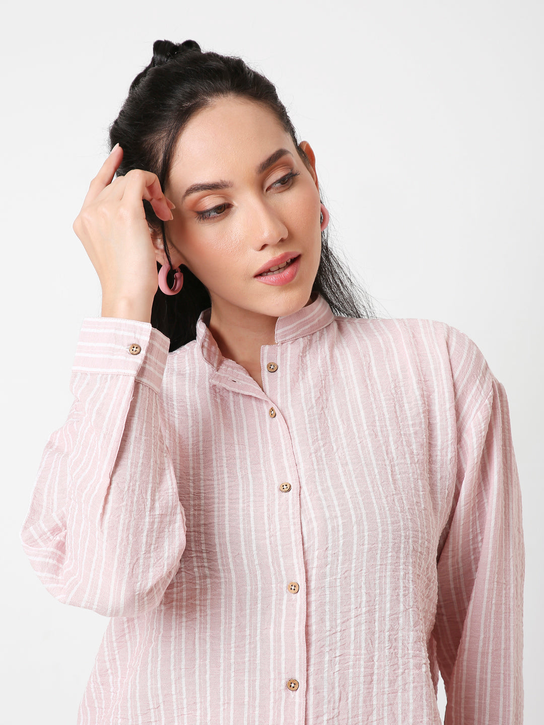 CLASSIC MANDARIN COLLAR STRIPE LINEN BLEND SHIRT