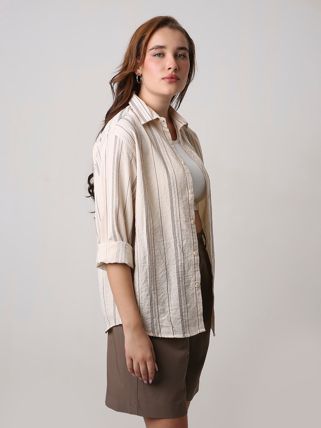 Cream Textured Stripe Oversized Shirt