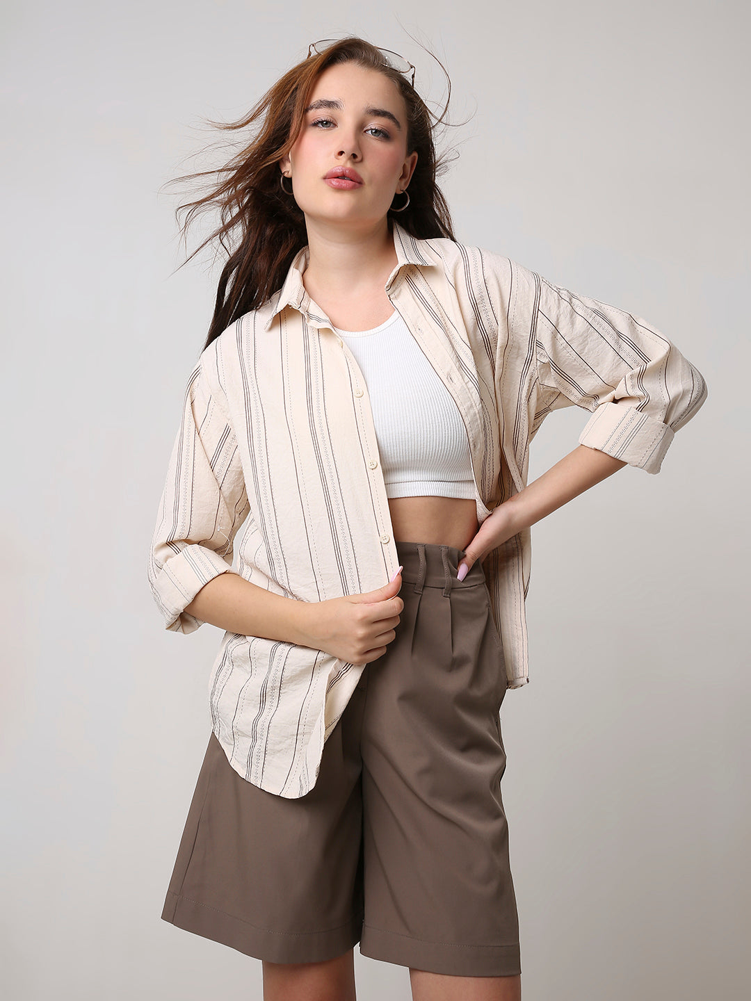 Cream Textured Stripe Oversized Shirt