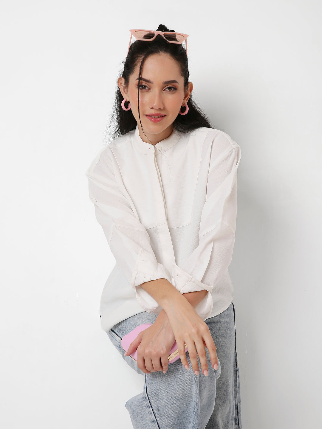 WHITE MANDARIN COLLAR SHIRT