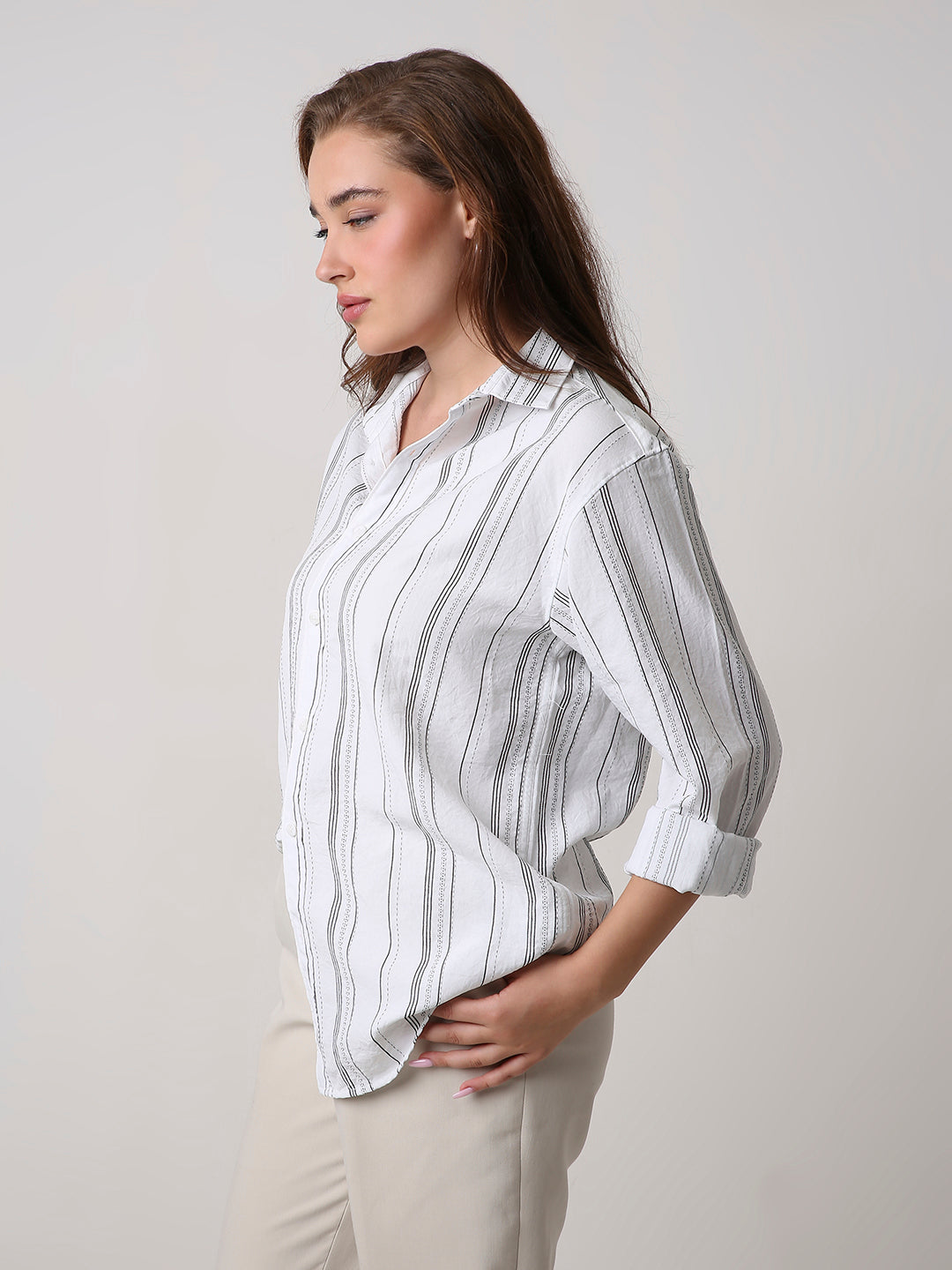 White Textured Stripe Oversized Shirt