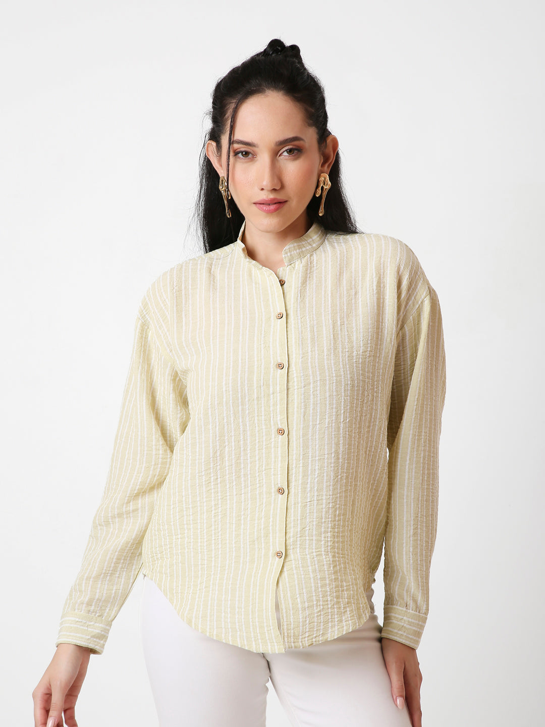 CLASSIC MANDARIN COLLAR STRIPE LINEN BLEND SHIRT