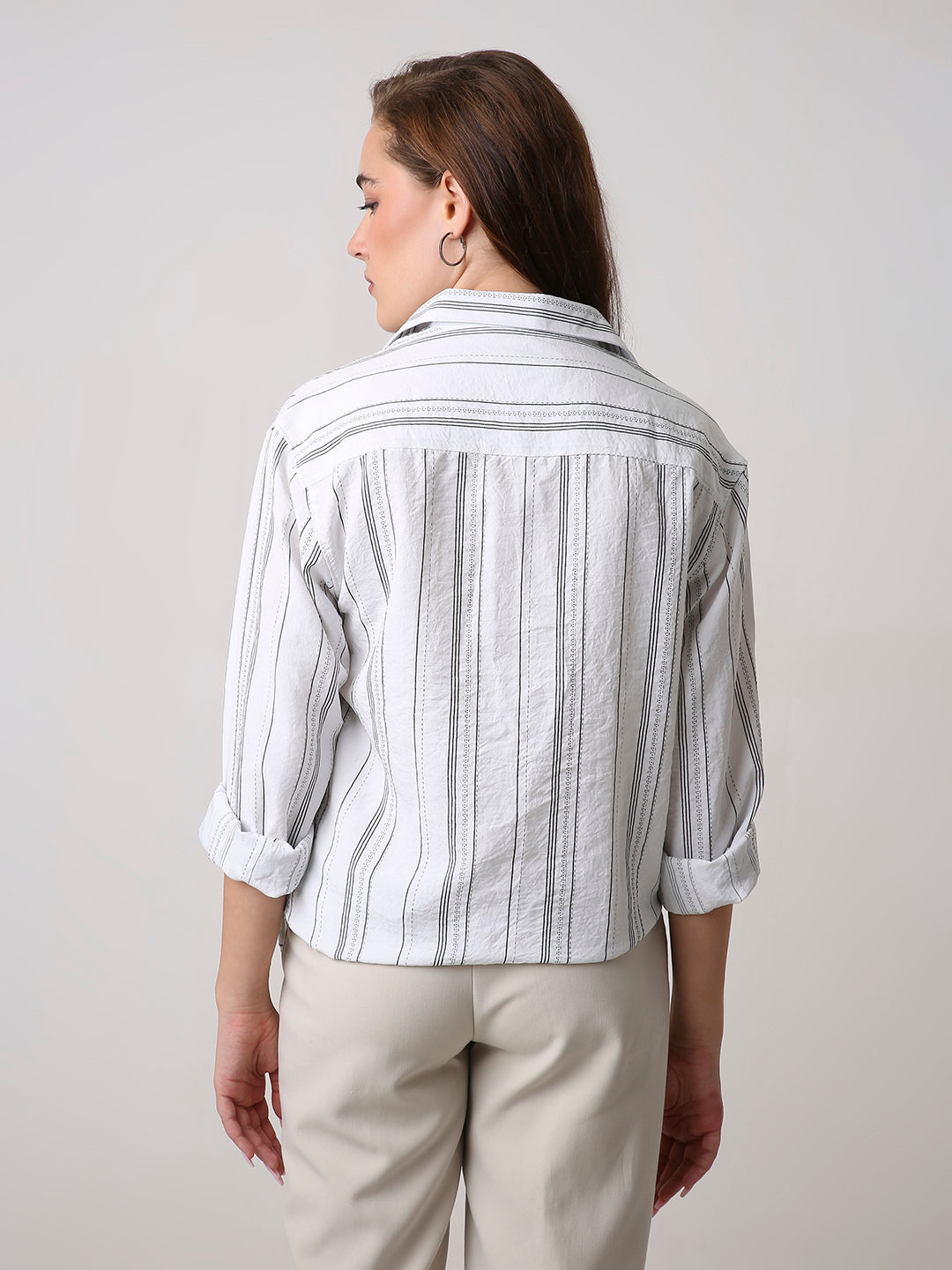White Textured Stripe Oversized Shirt