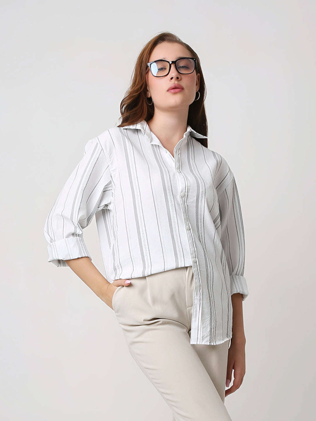 White Textured Stripe Oversized Shirt