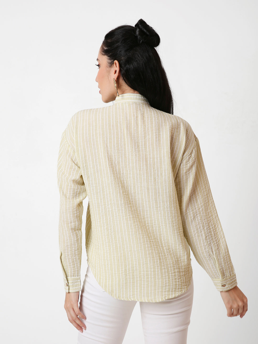 CLASSIC MANDARIN COLLAR STRIPE LINEN BLEND SHIRT