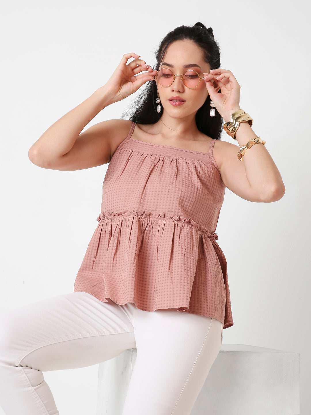 PEACH TEXTURED SPAGHETTI STRAP LAYERED TOP