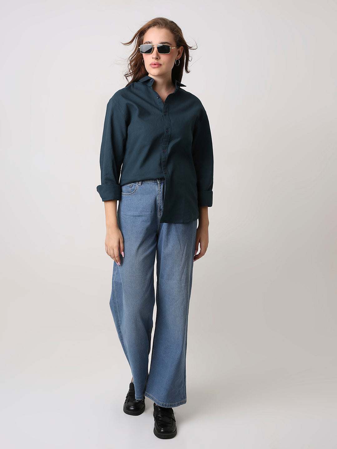 Dark Teal Solid Oversized Casual Shirt