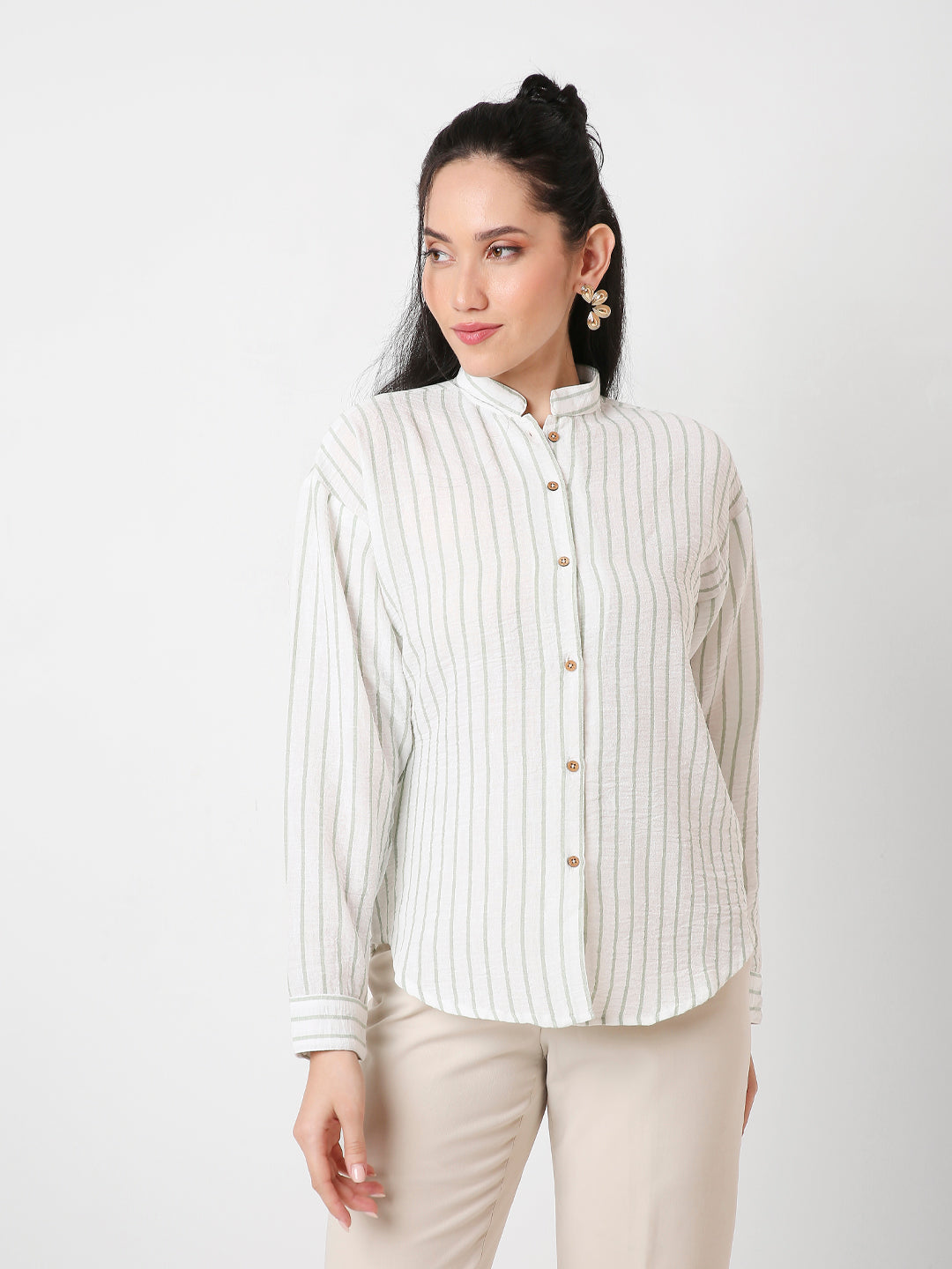 CLASSIC MANDARIN COLLAR STRIPE LINEN BLEND SHIRT