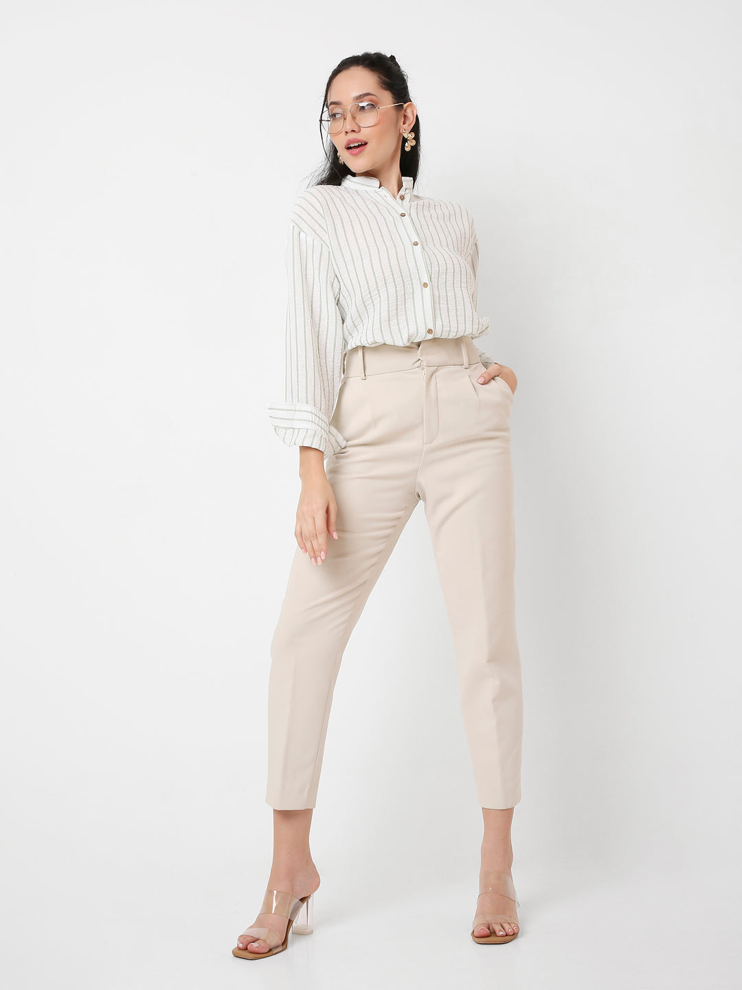 GREEN MANDARIN COLLAR STRIPE SHIRT