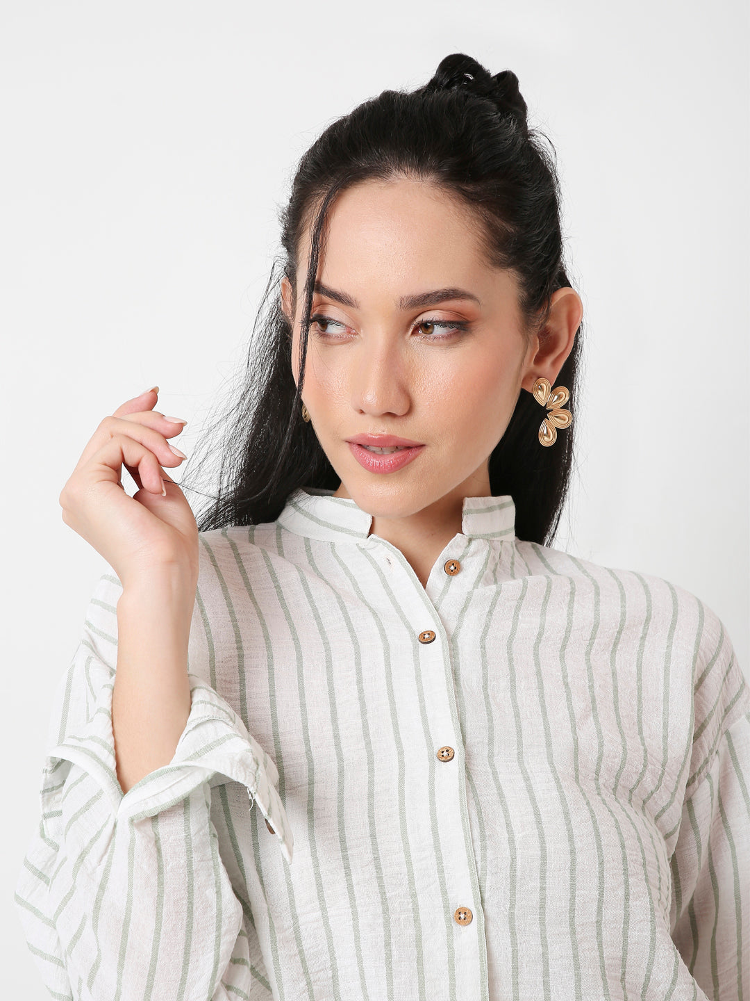 GREEN MANDARIN COLLAR STRIPE SHIRT