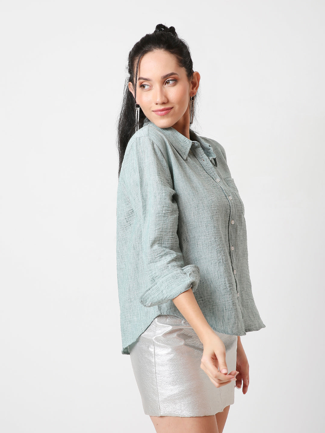 GREEN LINEN BLEND BUTTON-DOWN SHIRT