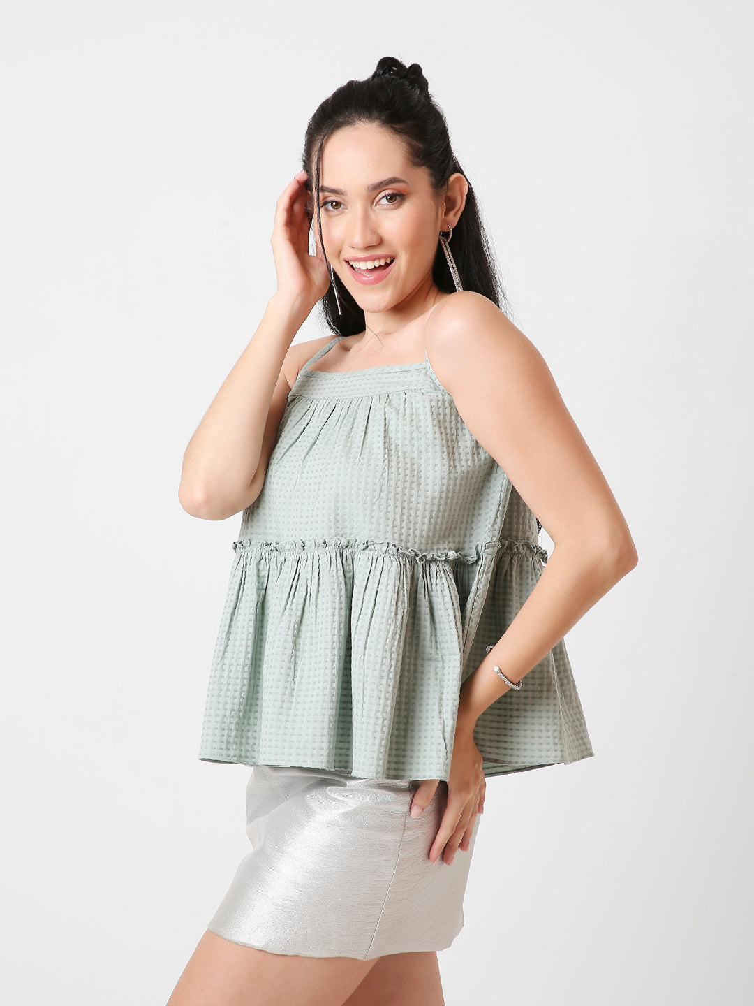 GREEN TEXTURED SPAGHETTI STRAP LAYERED TOP