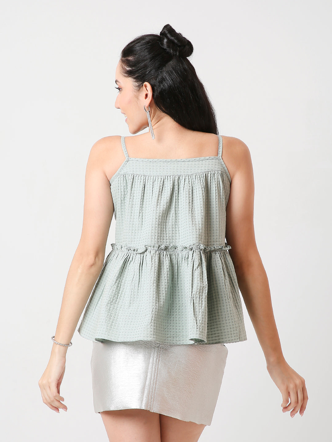 GREEN TEXTURED SPAGHETTI STRAP LAYERED TOP