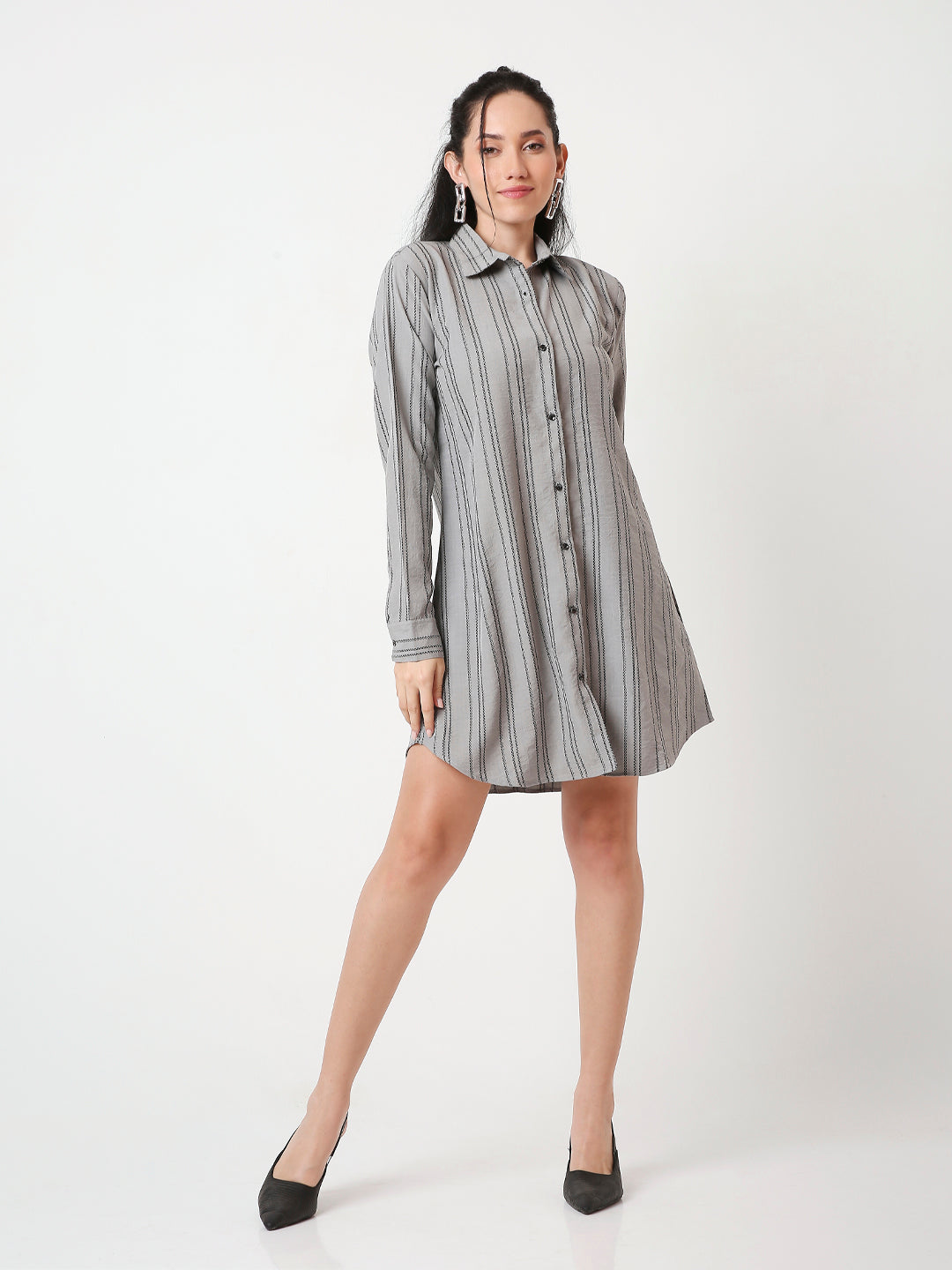 GRAY STRIPED SHIRT DRESS