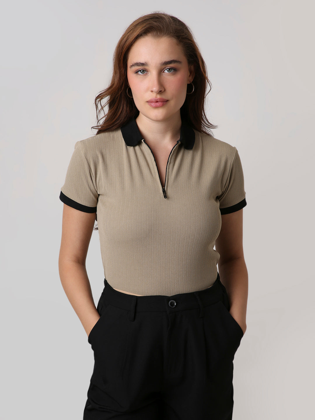 Beige Textured Zip Polo T-Shirt
