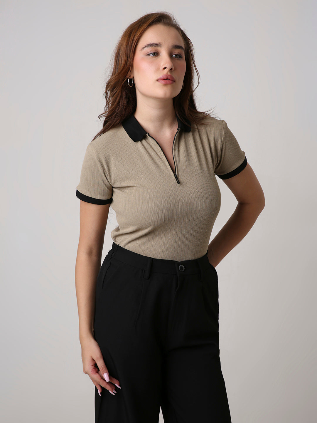 Beige Textured Zip Polo T-Shirt