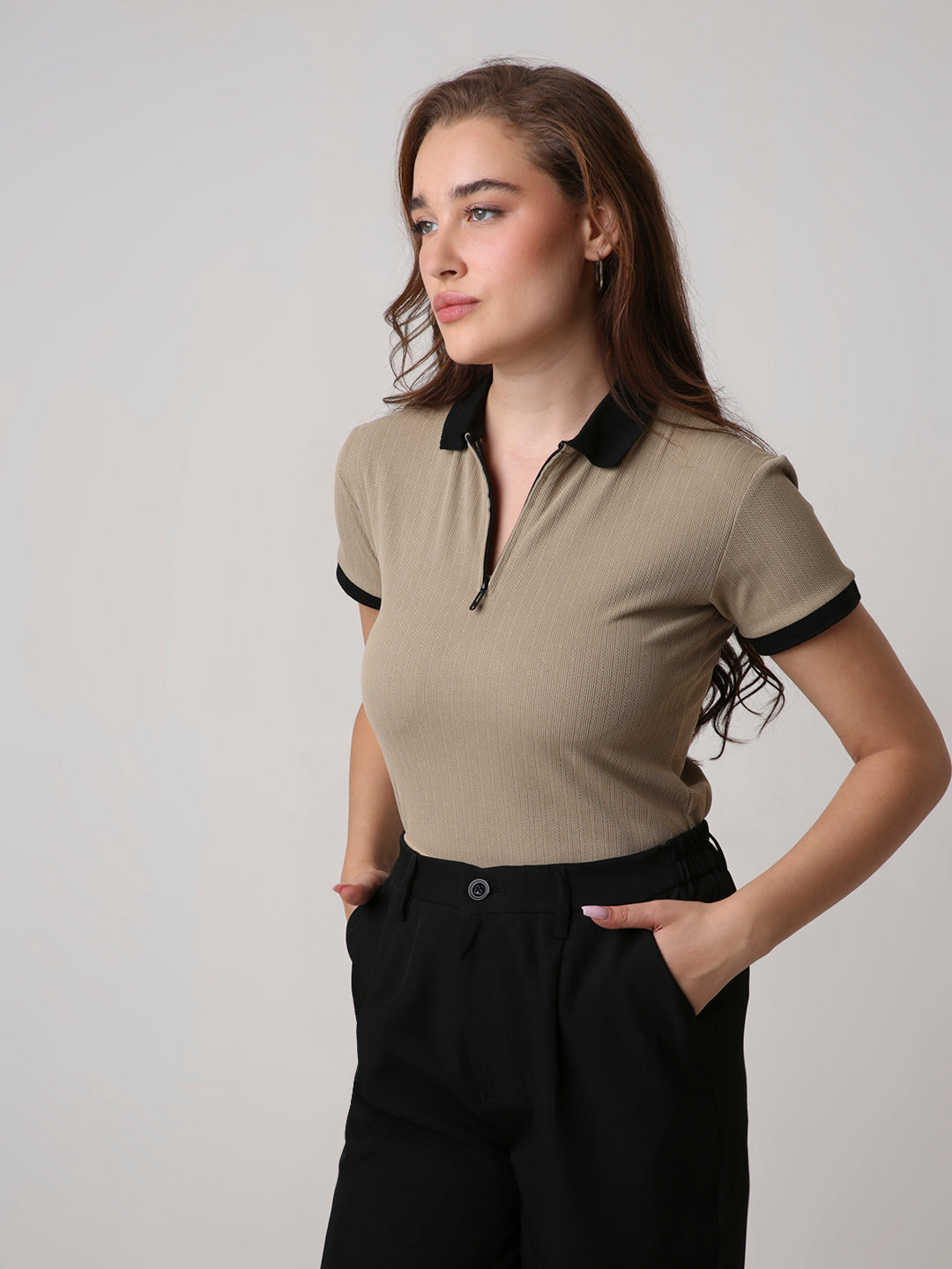 Beige Textured Zip Polo T-Shirt