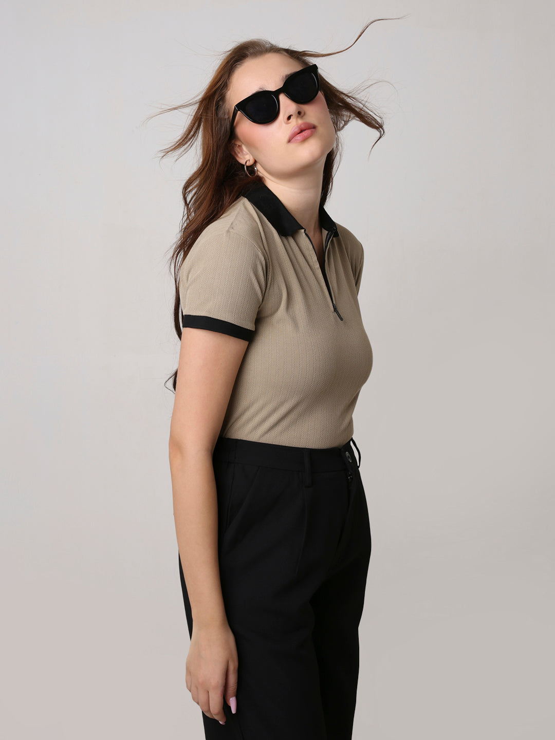 Beige Textured Zip Polo T-Shirt