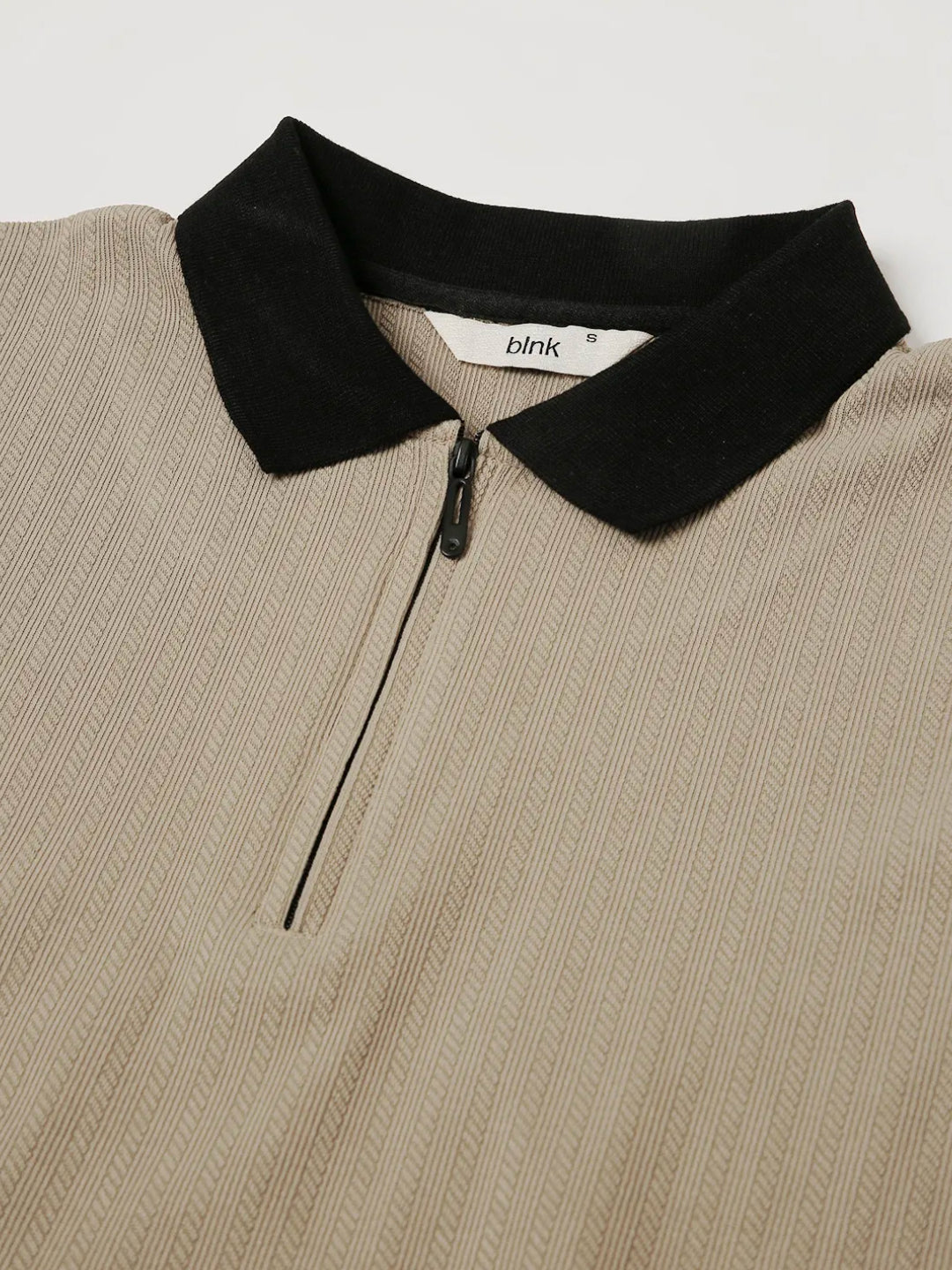Beige Textured Zip Polo T-Shirt