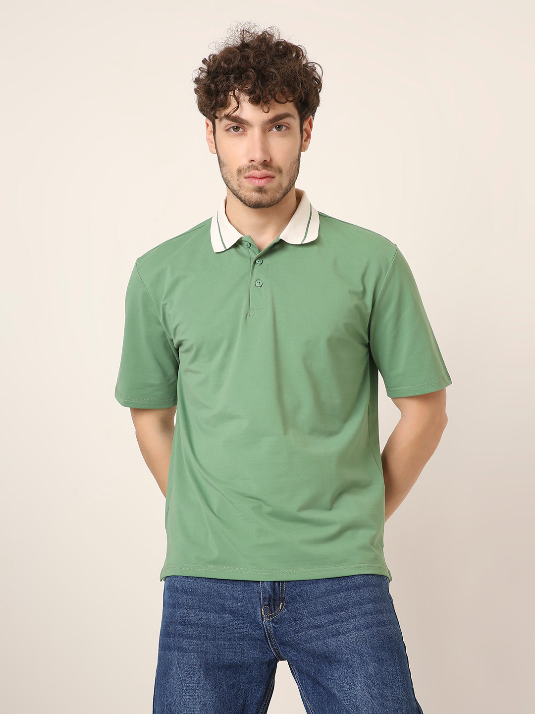 Green Polo T-Shirt with Contrast Collar