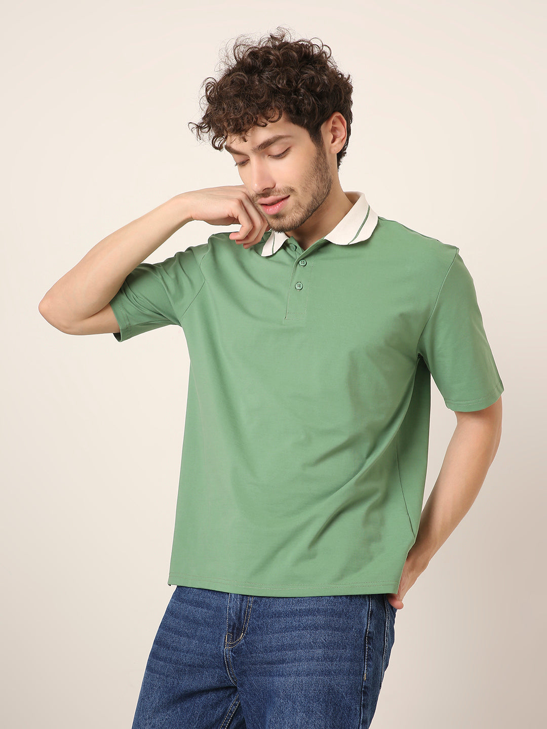Green Polo T-Shirt with Contrast Collar