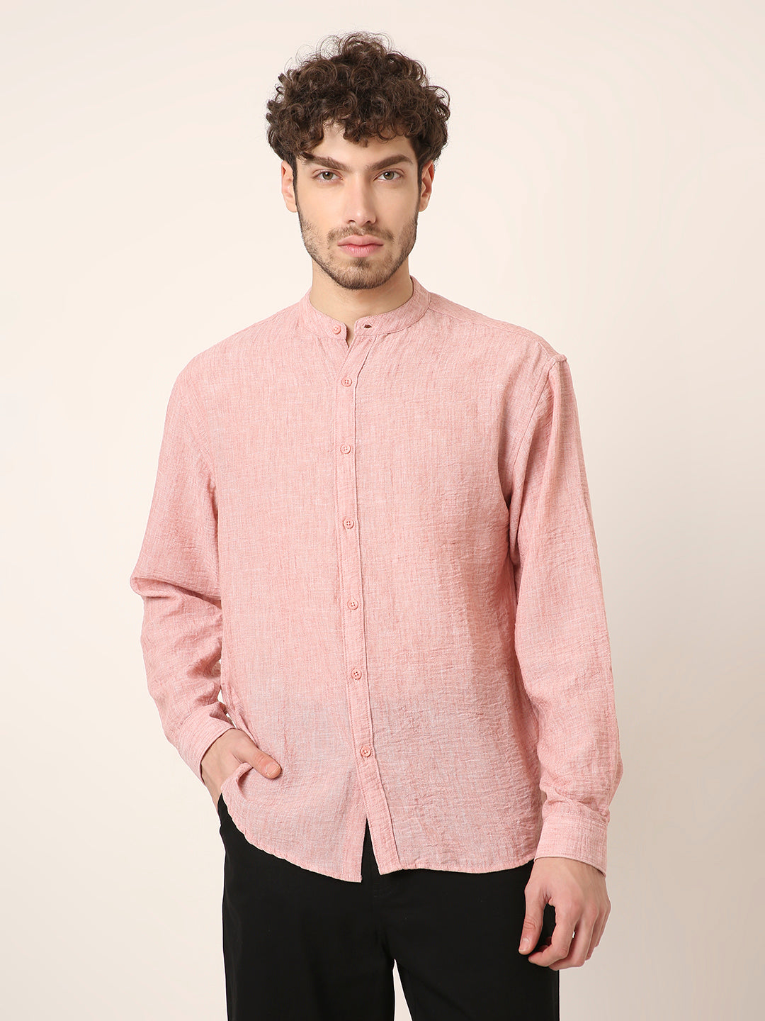 PREMIUM LINEN BLEND Textured Mandarin Collar Casual Shirt