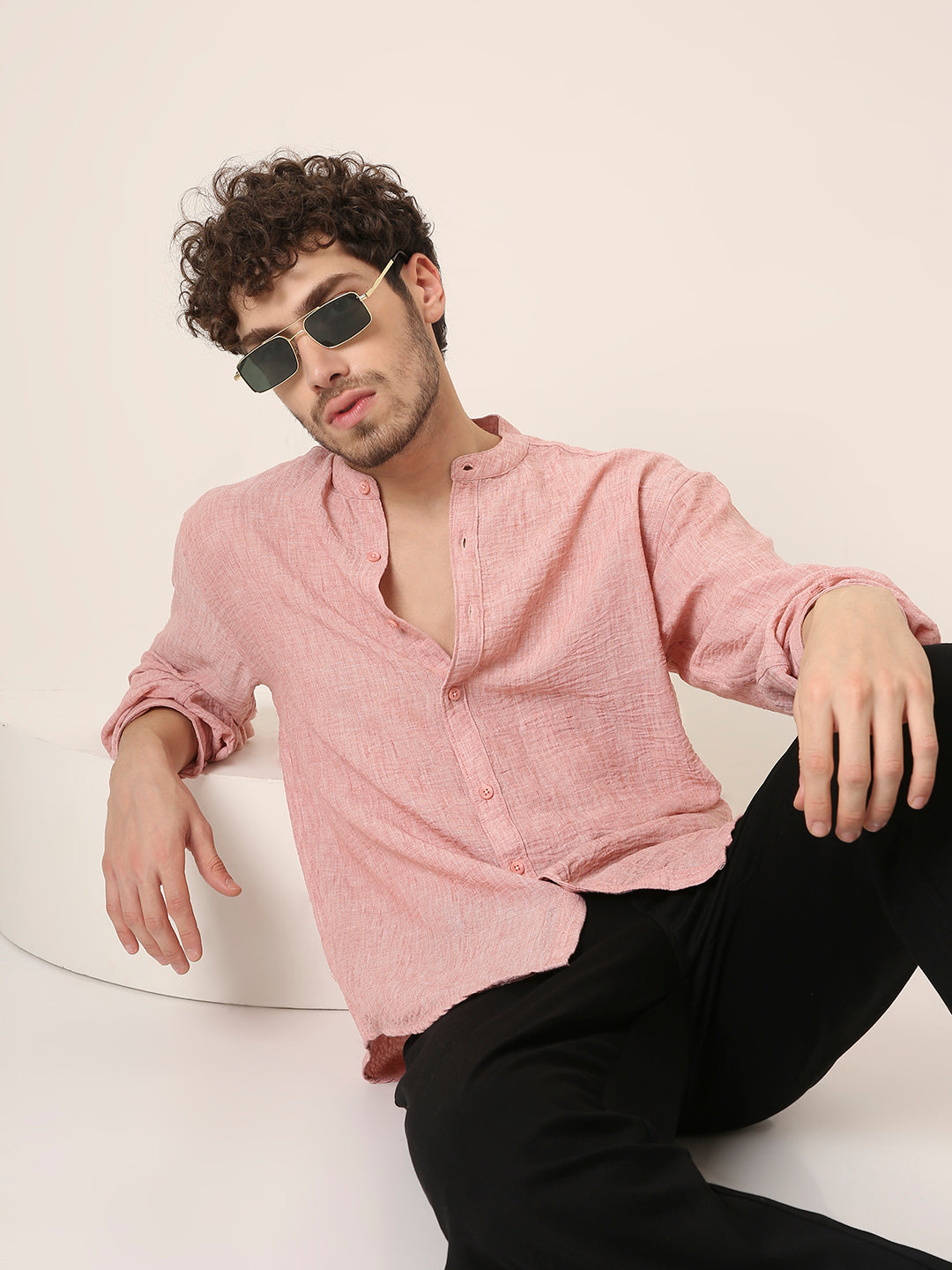 PREMIUM LINEN BLEND Textured Mandarin Collar Casual Shirt