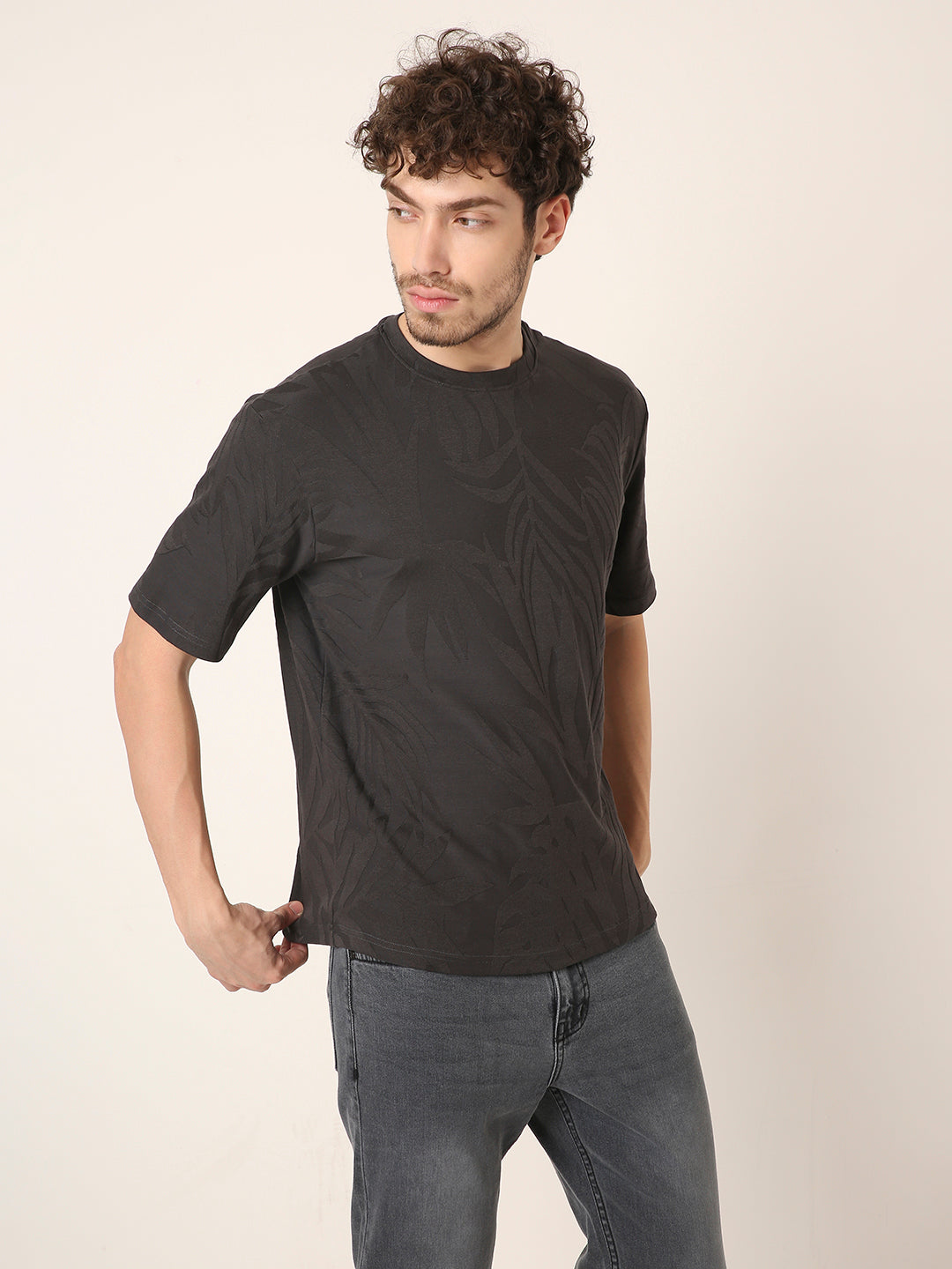 charcoal Jacquard Leaf Print Casual T-Shirt