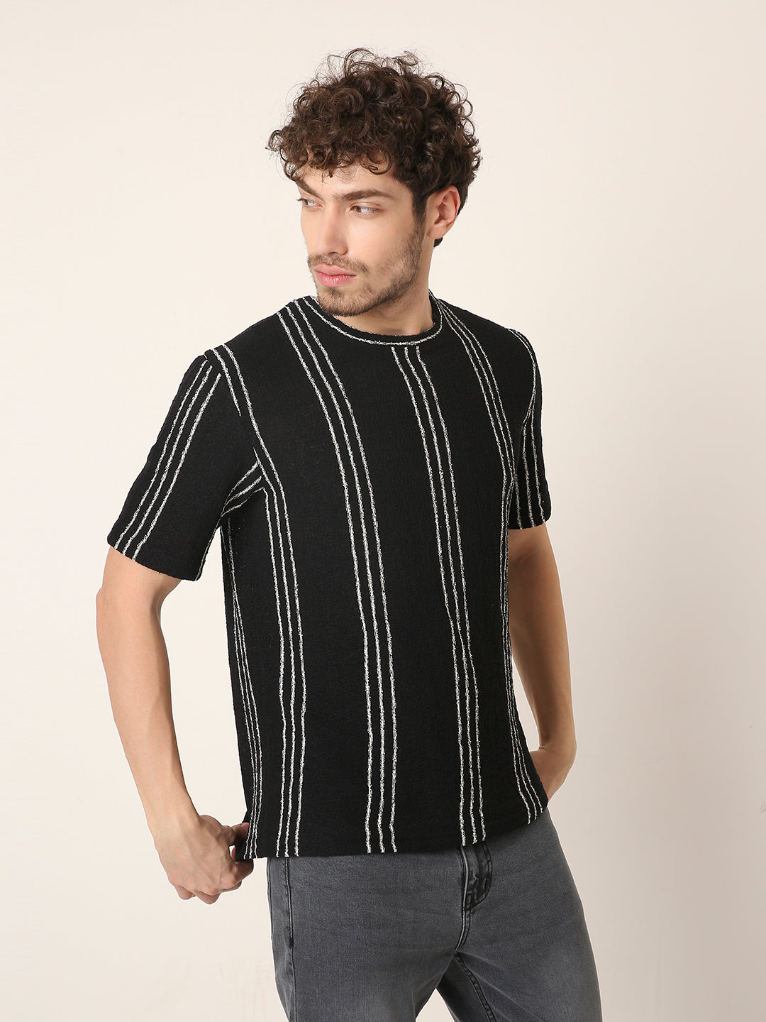 Black Vertical Stripe Textured Casual T-Shirt