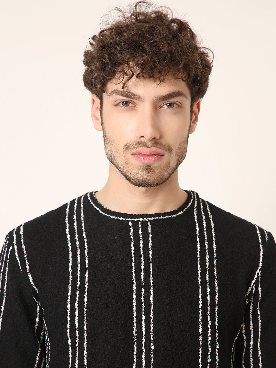 Black Vertical Stripe Textured Casual T-Shirt