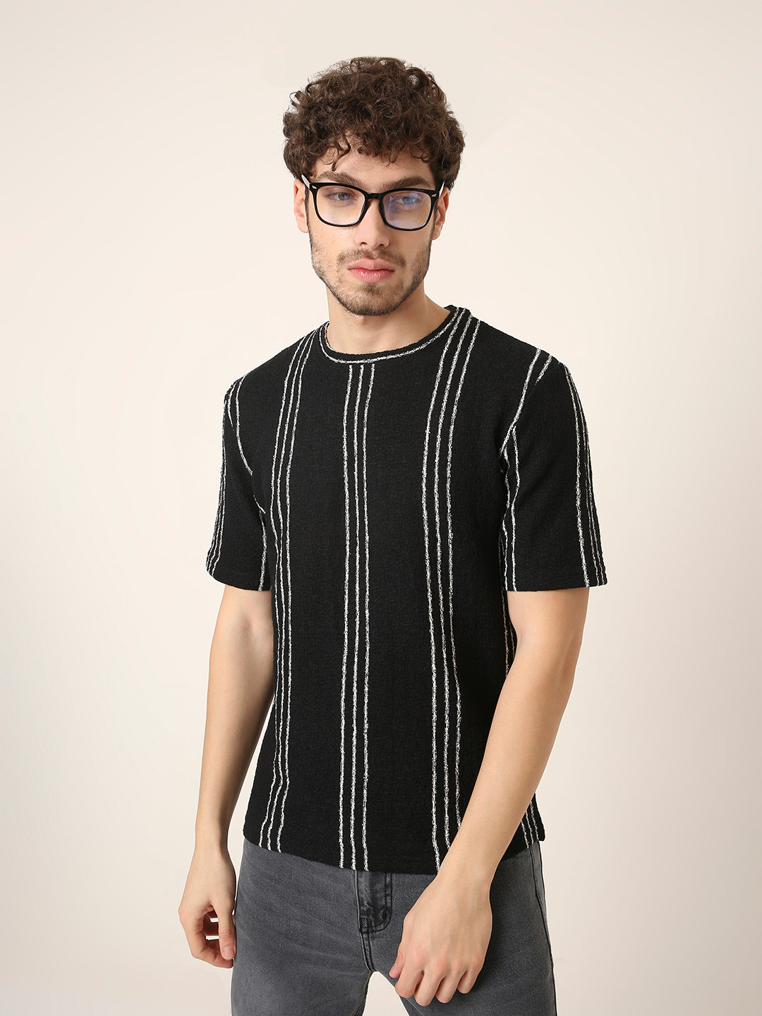 Black Vertical Stripe Textured Casual T-Shirt