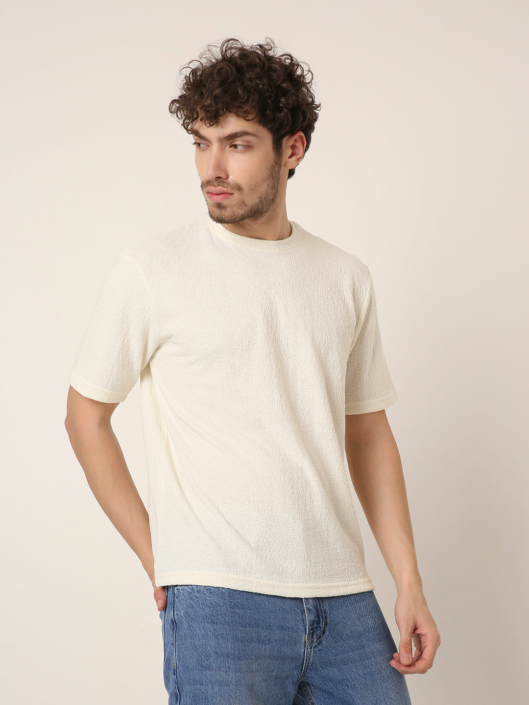 Off-White Textured Casual T-Shirt