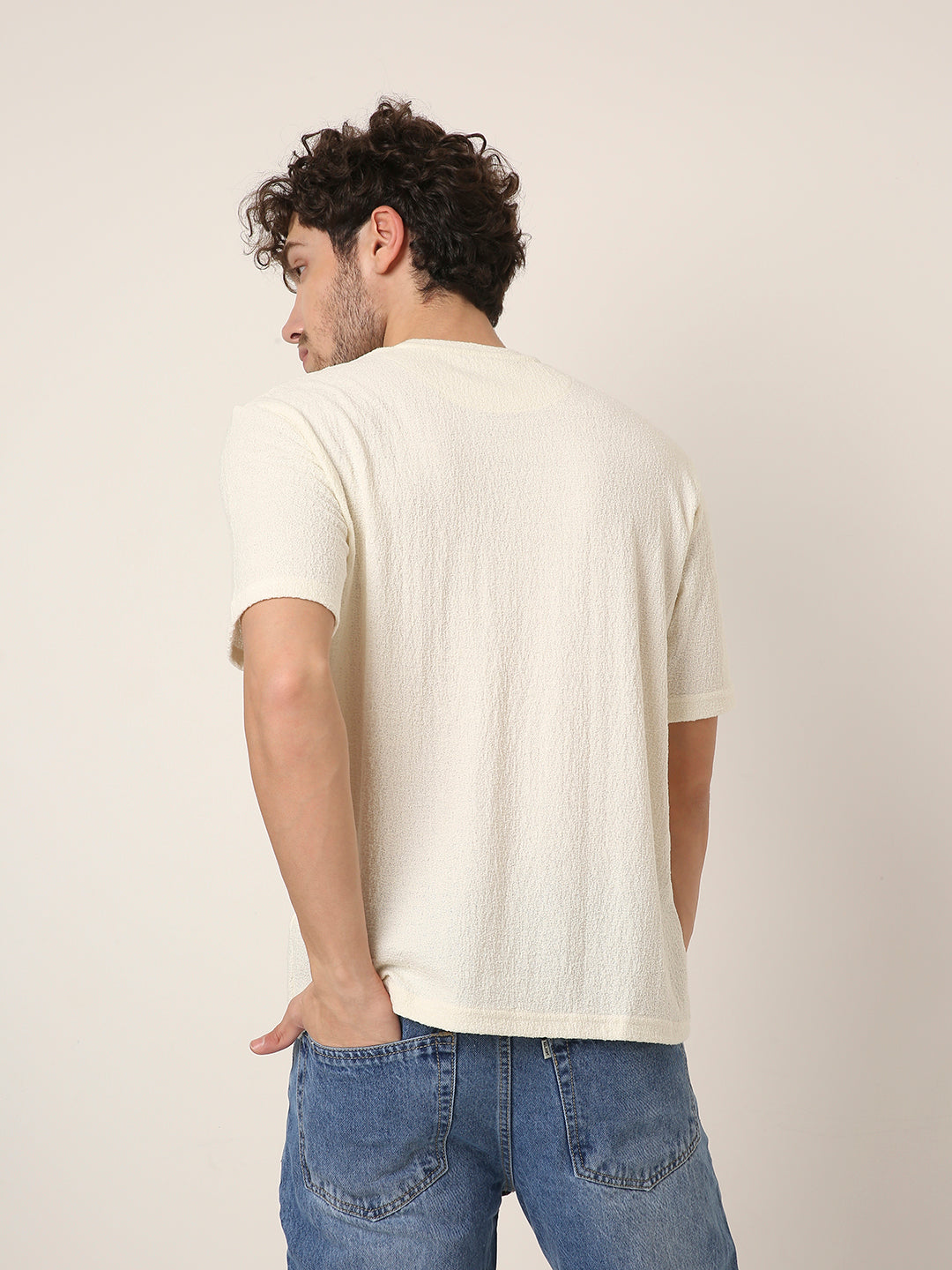 Off-White Textured Casual T-Shirt