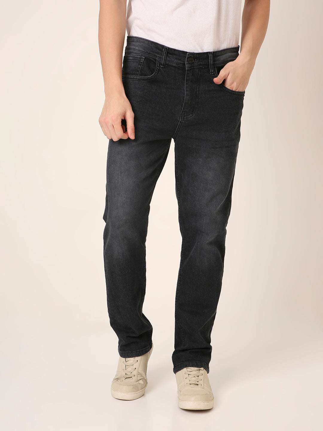 Black Washed Straight Fit Stretch Denim Jeans