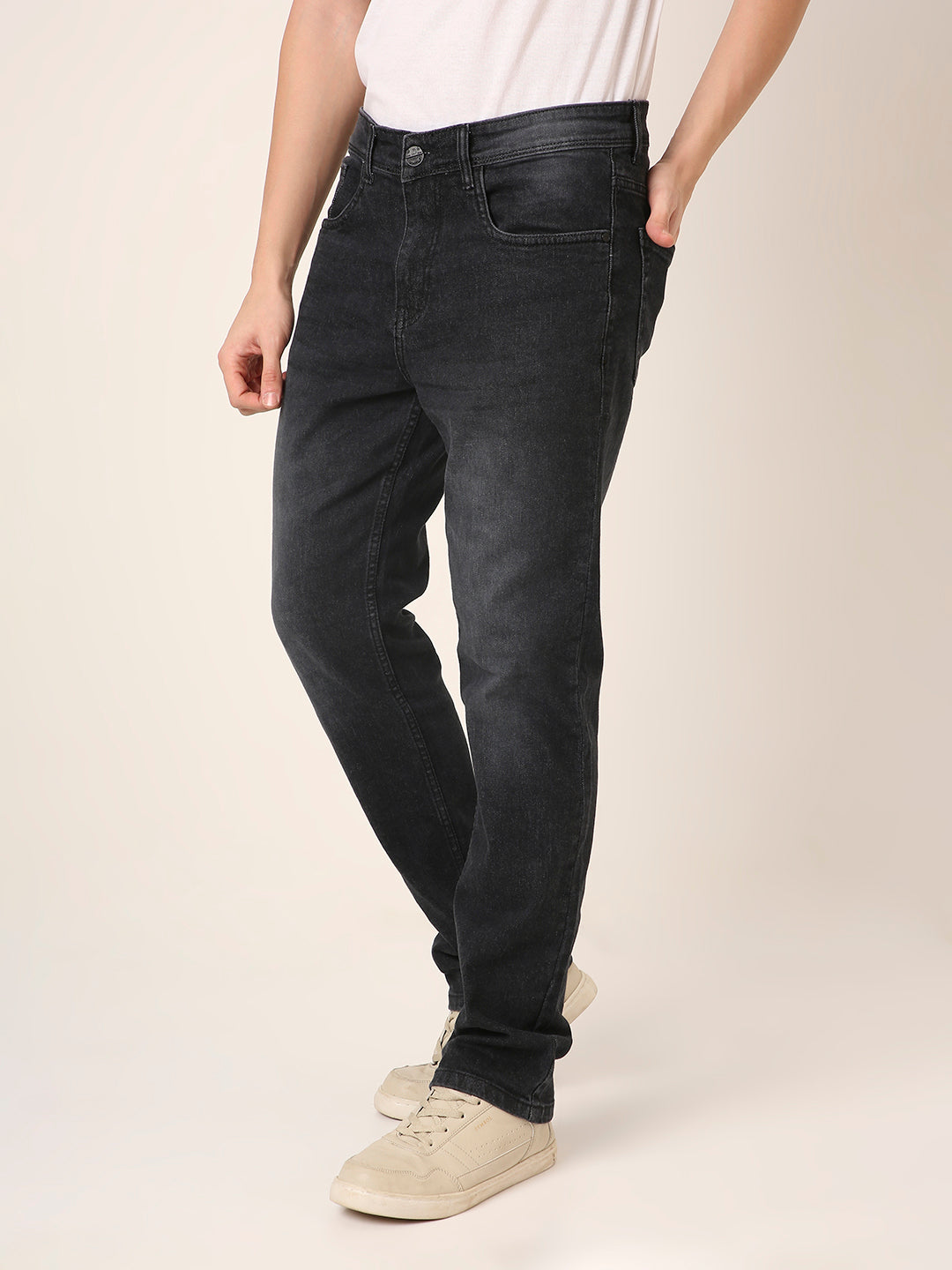Black Washed Straight Fit Stretch Denim Jeans
